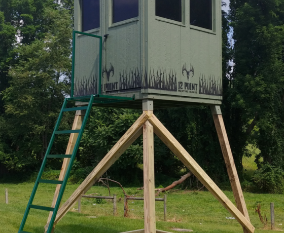 a square booner blind for sale atop of a tall stand