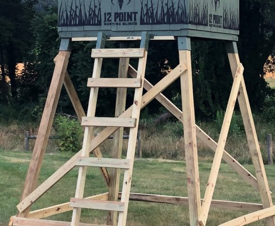 a tall wooden stand bracket with a square hunting blind on top